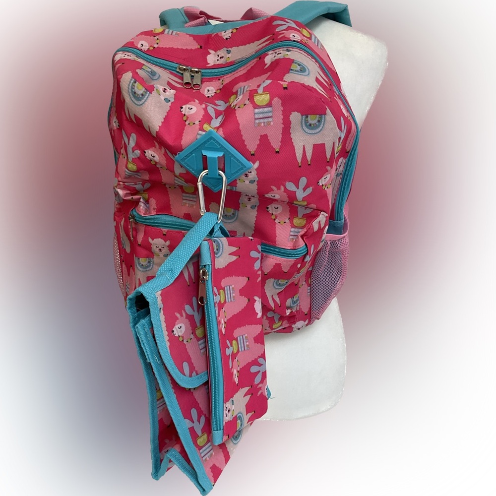 Backpack Pencil Pouch Lunchbox Set Llama Alpaca Cactus Hot Pink Cute School